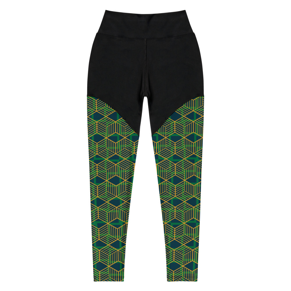 Green Geometric Compression Sports Leggings (front)