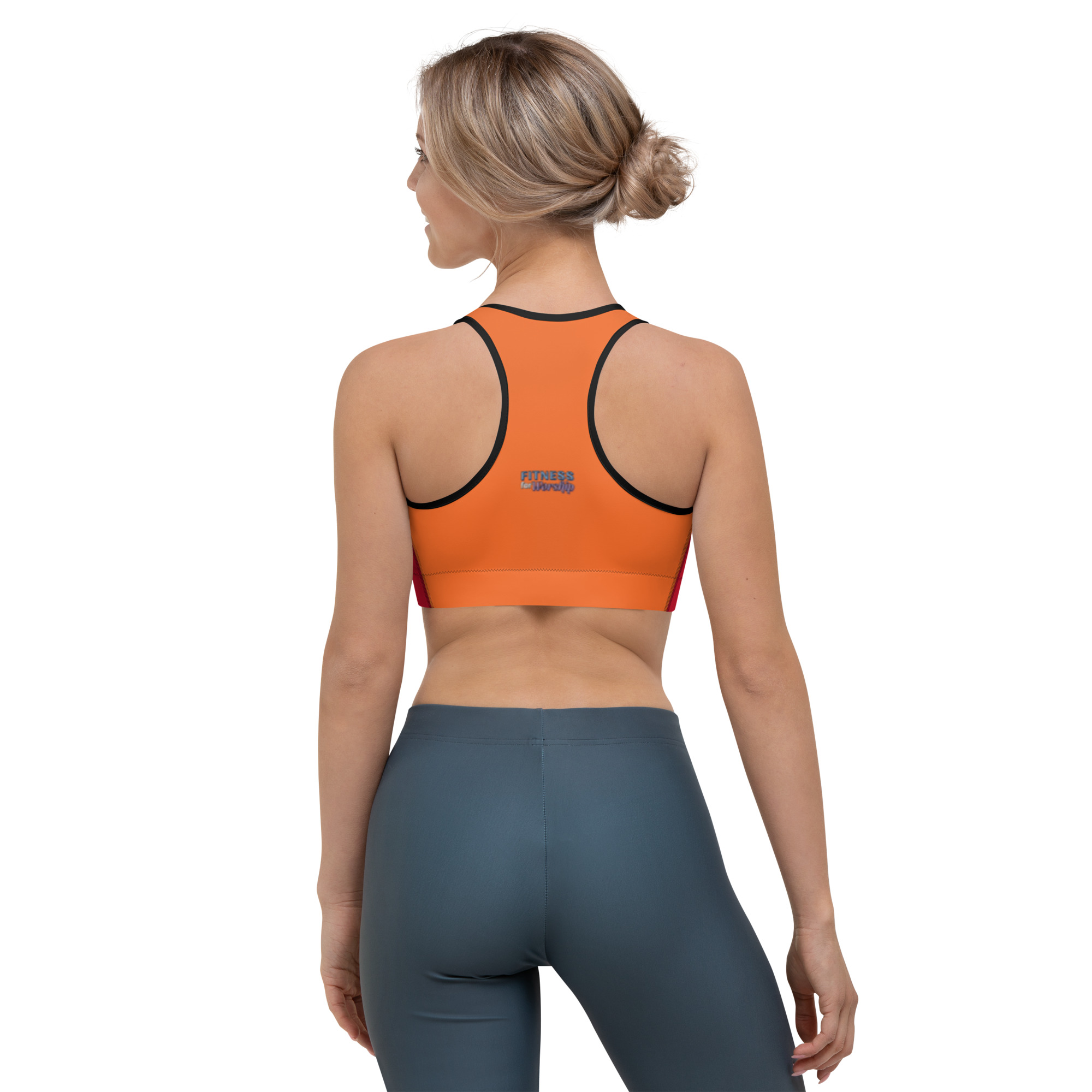 back of woman wearing HEALED Red Sports bra by Fitness for Worship