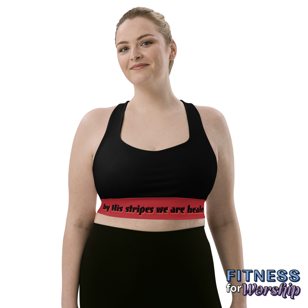 woman wearing Healed By His Stripes Isaiah 53:5 Red Longline Sports Bra by Fitness for Worship