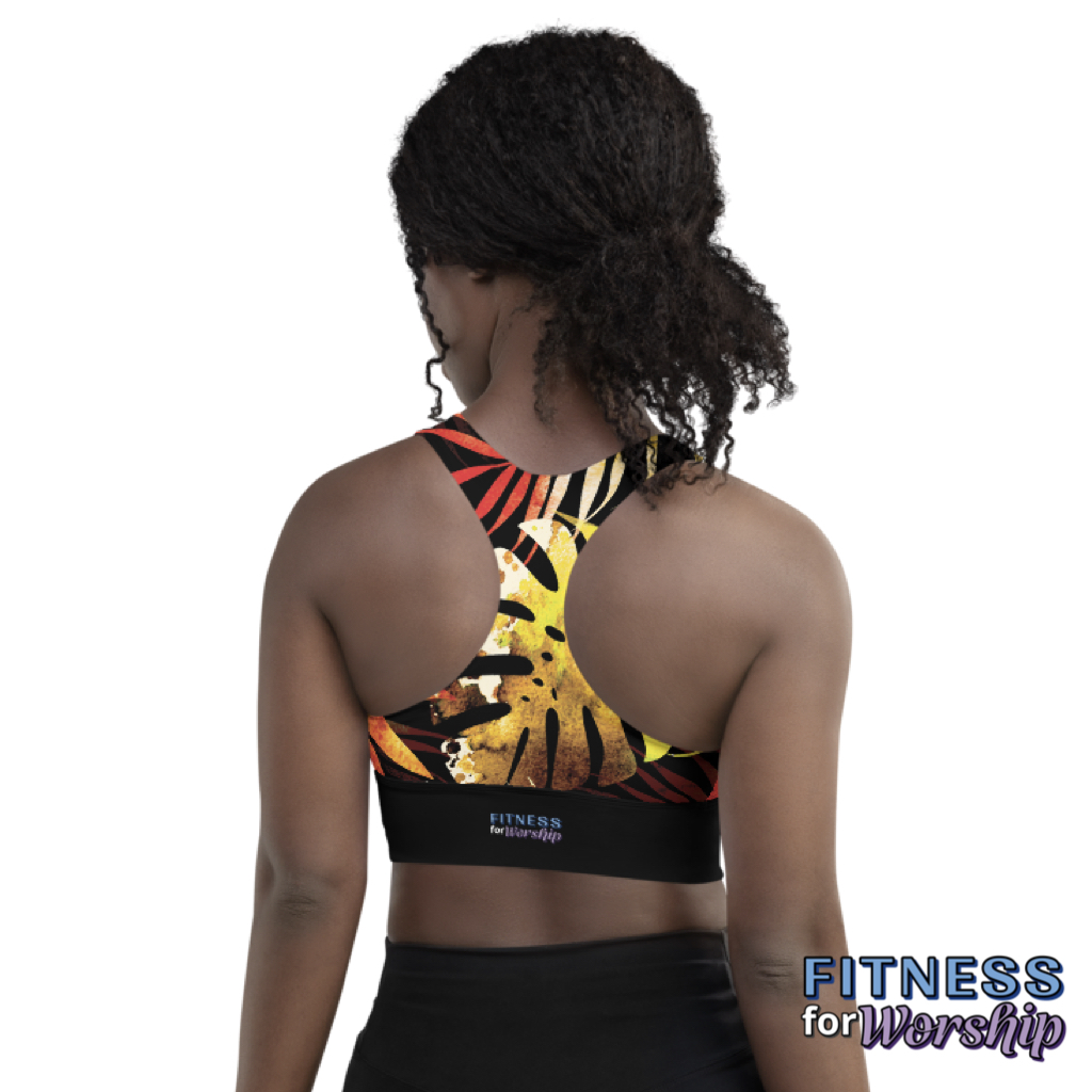 back of woman wearing Autumn Leaves Longline Sports Bra by Fitness for Worship