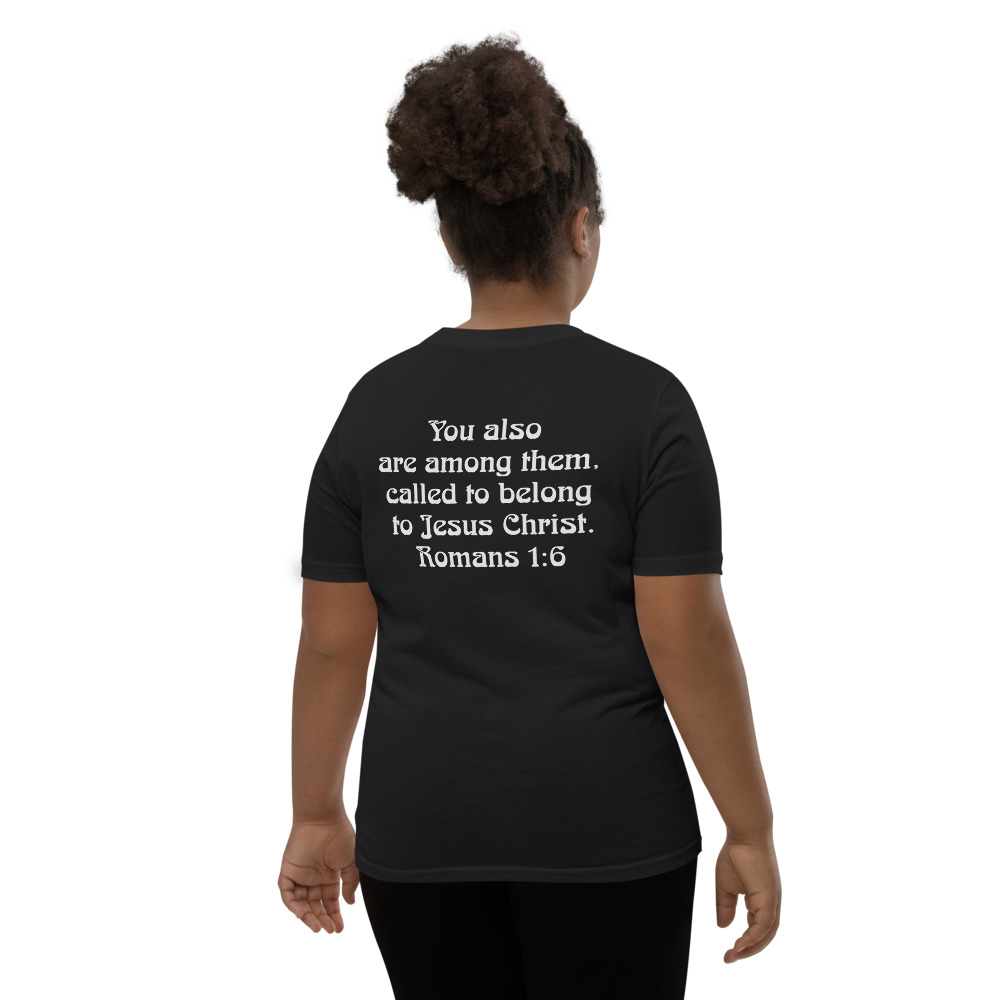 Youth Called T-Shirt in Black, back showing Romans 1:6 scripture