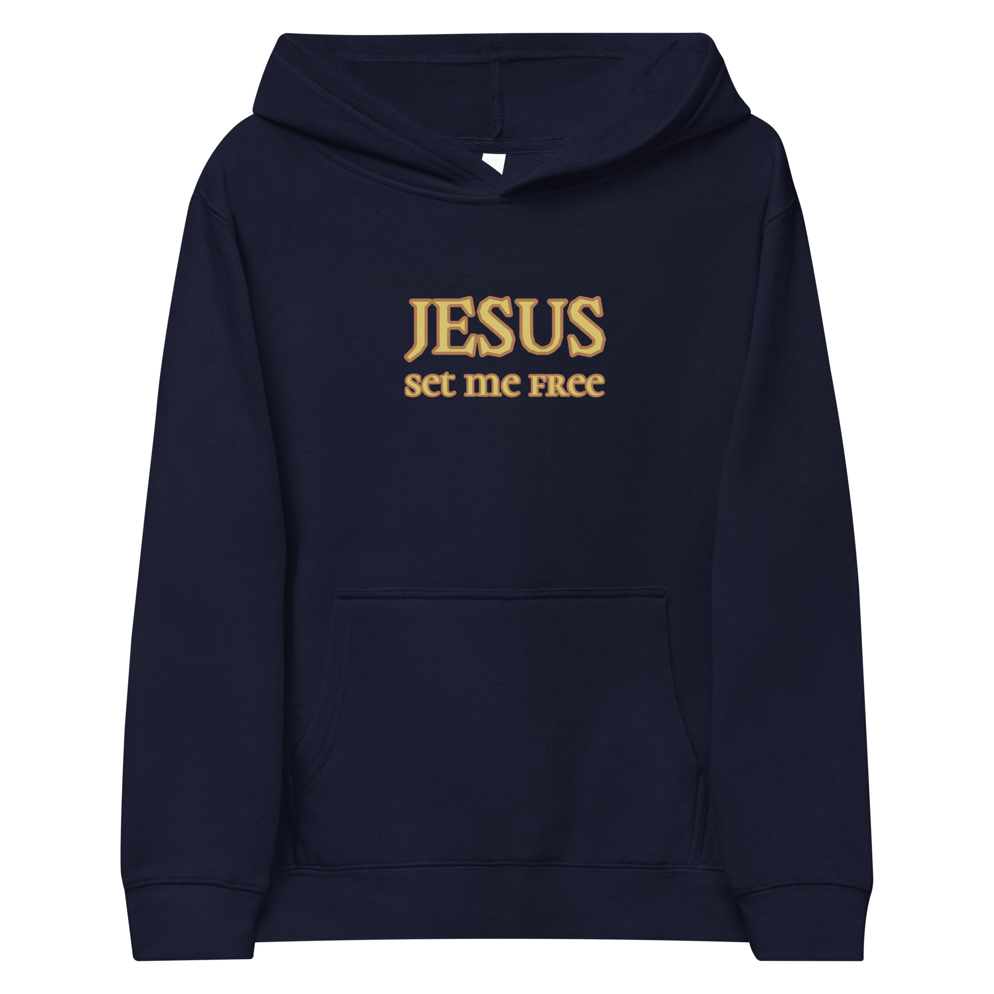 navy “Jesus Set Me Free” Fleece Hoodie for Kids by Fitness for Worship