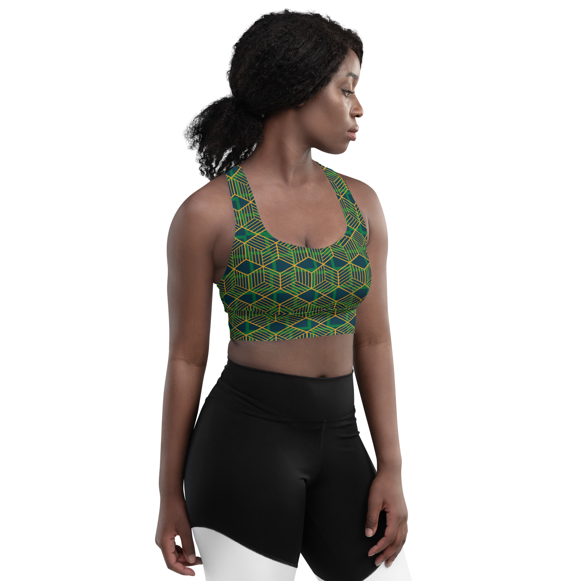 Woman wearing Green Geometric Pattern Longline Compression Sports Bra by Fitness for Worship