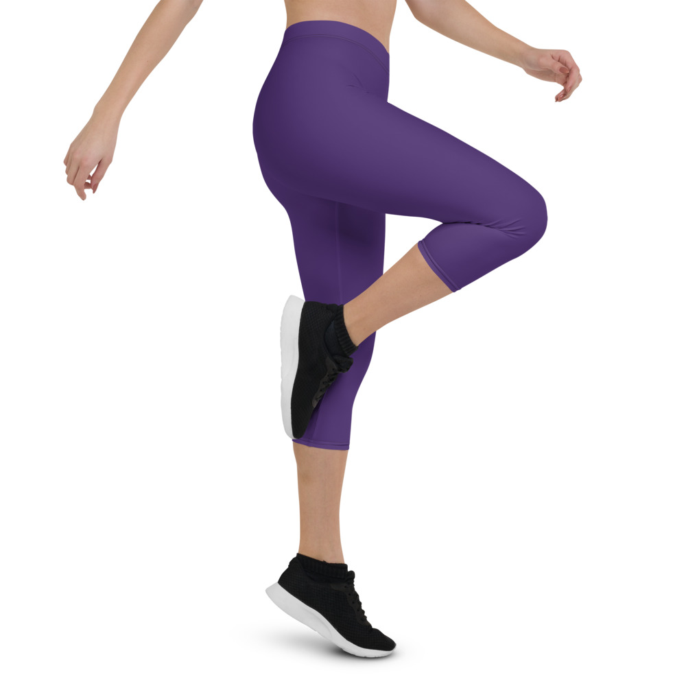 Woman's legs wearing Purple Capri Leggings for Women by Fitness for Worship