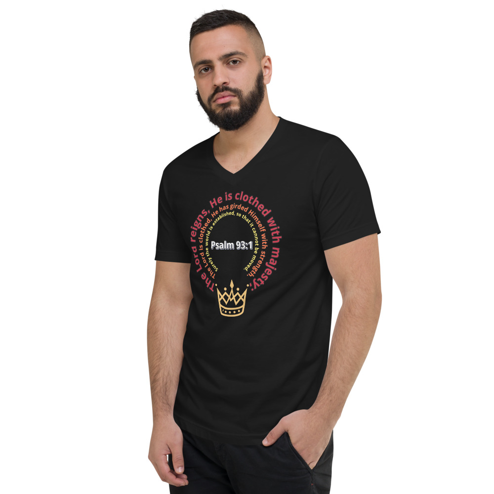 Psalm 93:1 unisex v-neck tee black (left)