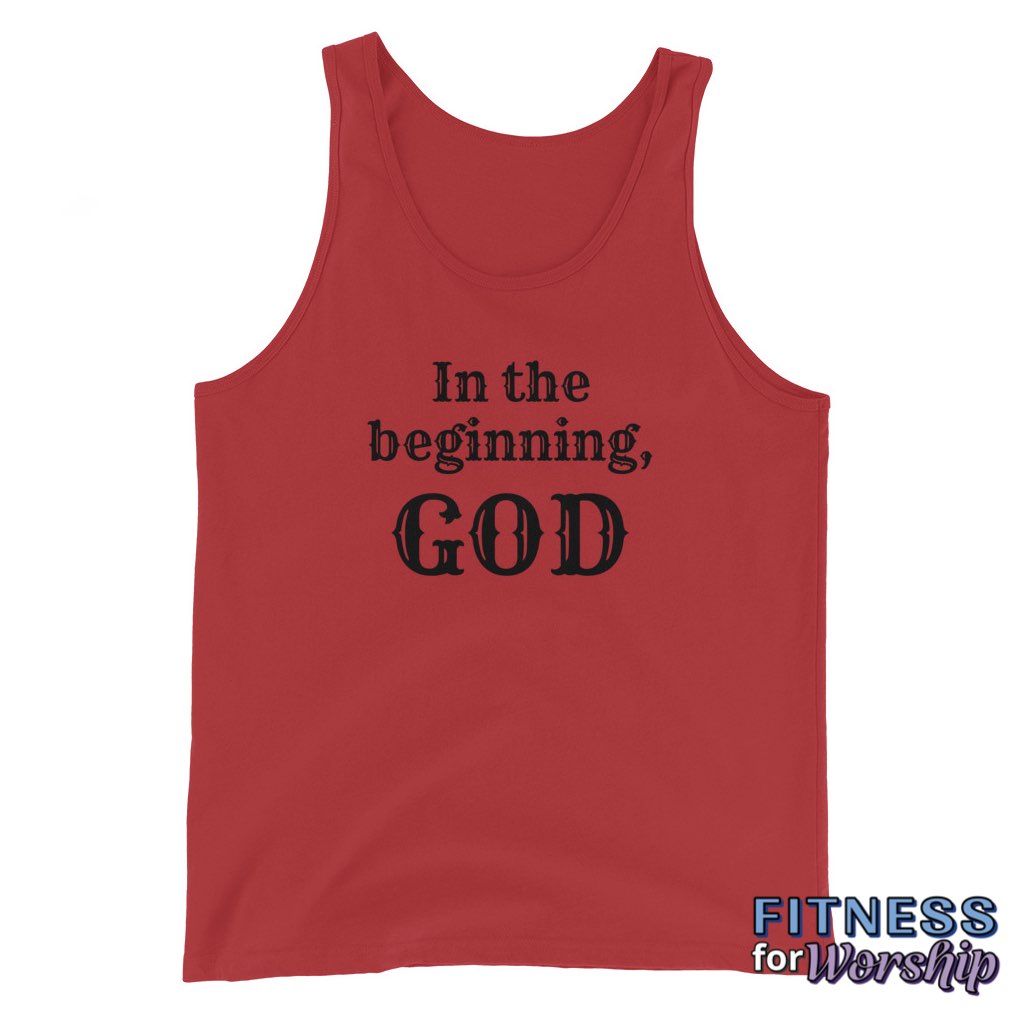 red “In the Beginning, God” Tank Top for Men by Fitness for Worship