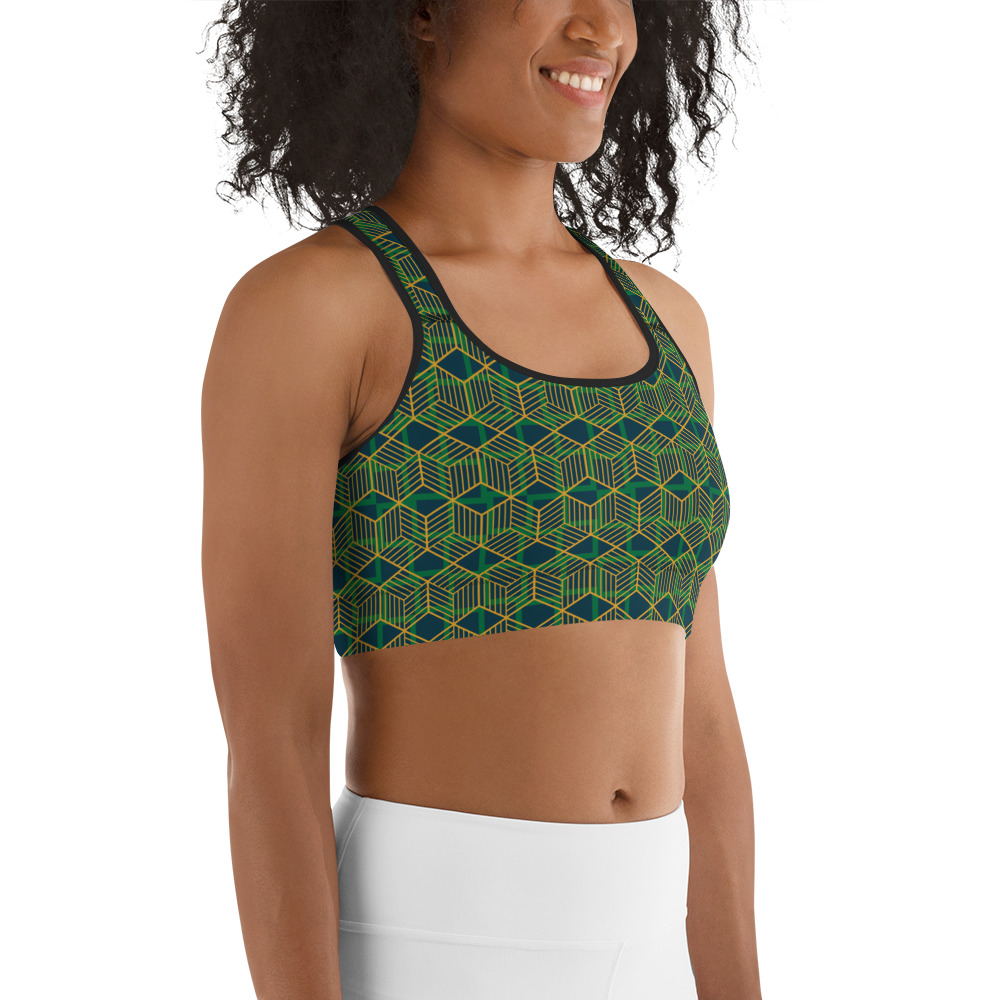 Woman wearing Green Geometric Sports Bra by Fitness for Worship