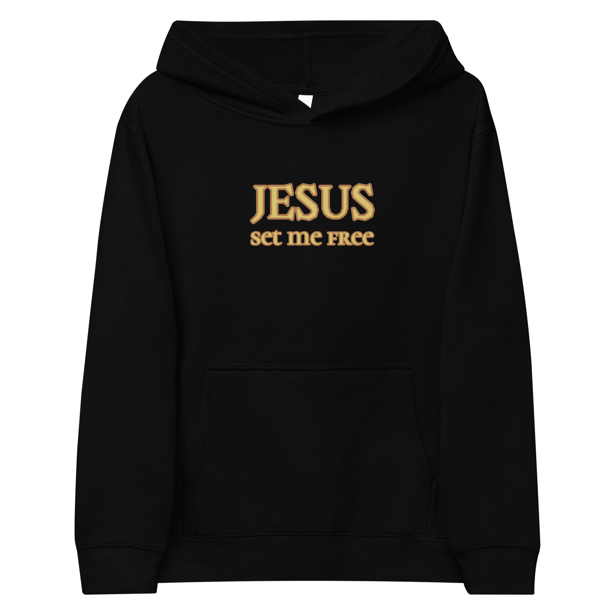black “Jesus Set Me Free” Fleece Hoodie for Kids by Fitness for Worship