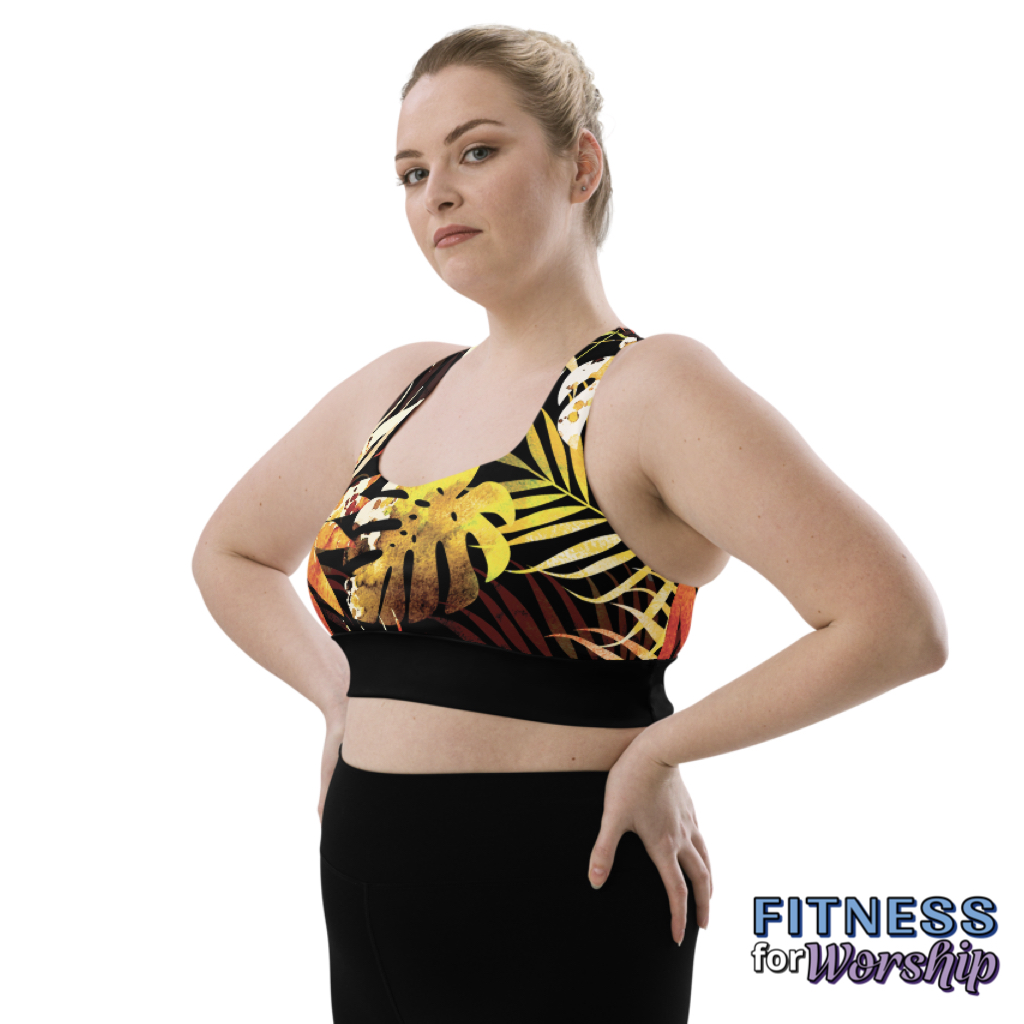 woman wearing Autumn Leaves Longline Sports Bra by Fitness for Worship