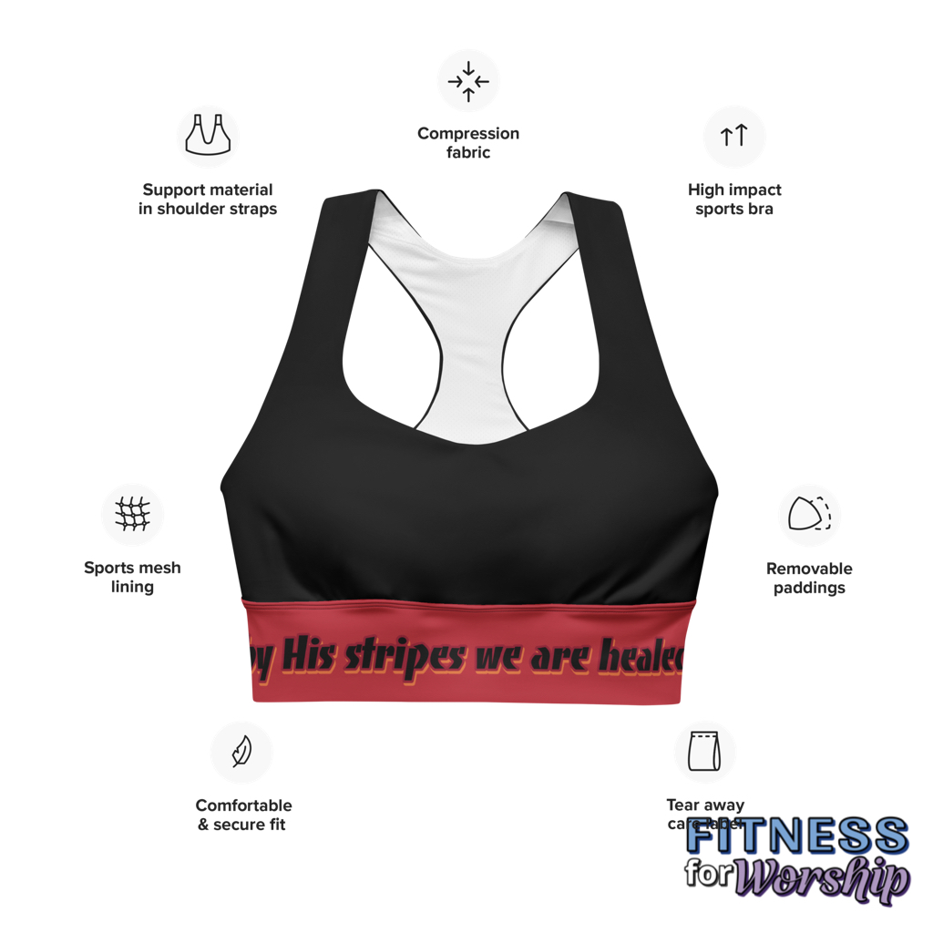 Healed By His Stripes Isaiah 53:5 Red Longline Sports Bra by Fitness for Worship