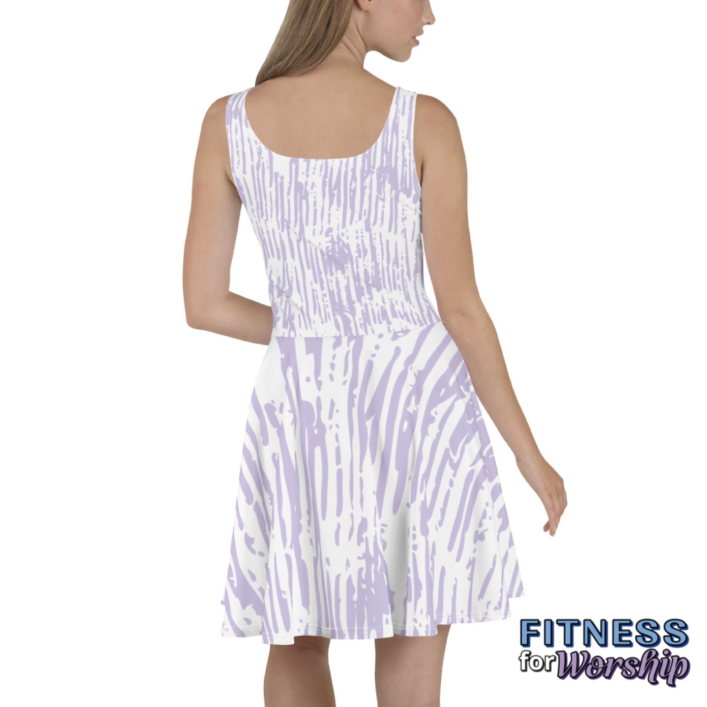 back of woman wearing Lavender Paint Streak Skater Dress by Fitness for Worship
