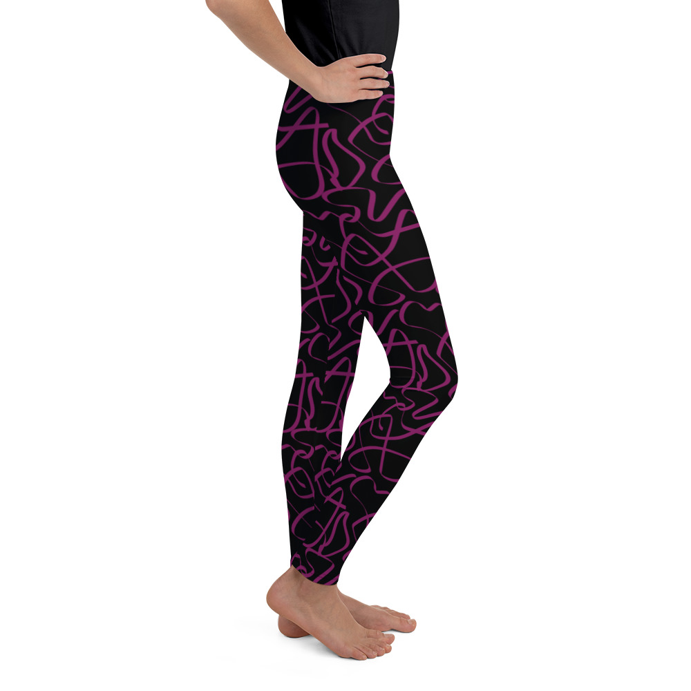 Burgundy Squiggles Black Leggings for Youth by Fitness for Worship