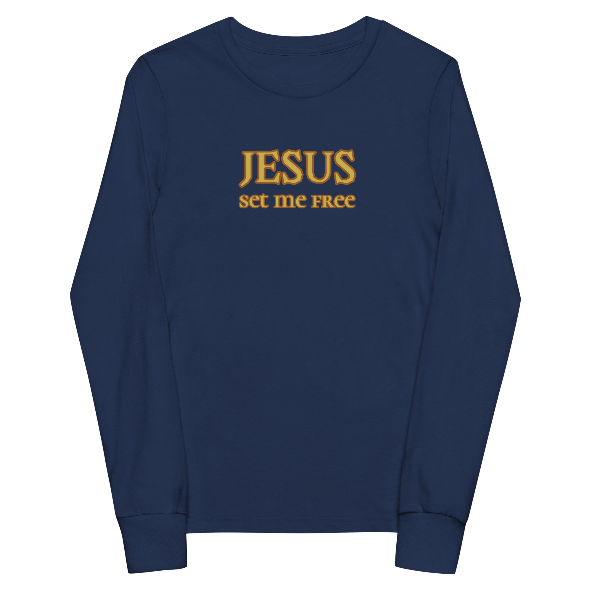 navy “Jesus Set Me Free” Long Sleeve Tee for Youth by Fitness for Worship