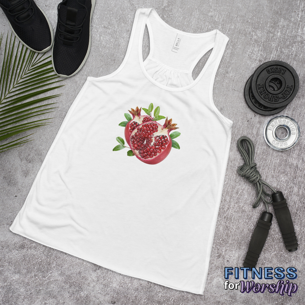 white Pomegranate Flowy Racerback Tank for Women by Fitness for Worship