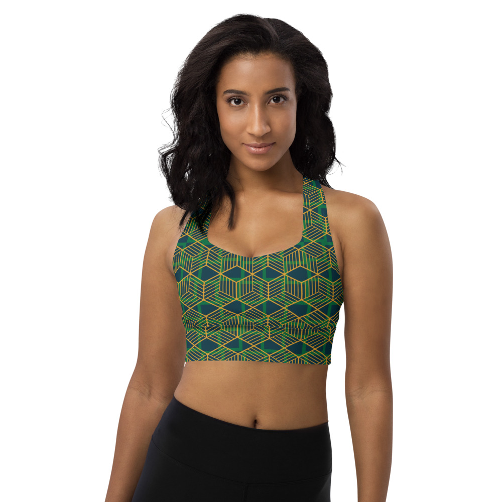 Woman wearing Green Geometric Pattern Longline Compression Sports Bra by Fitness for Worship