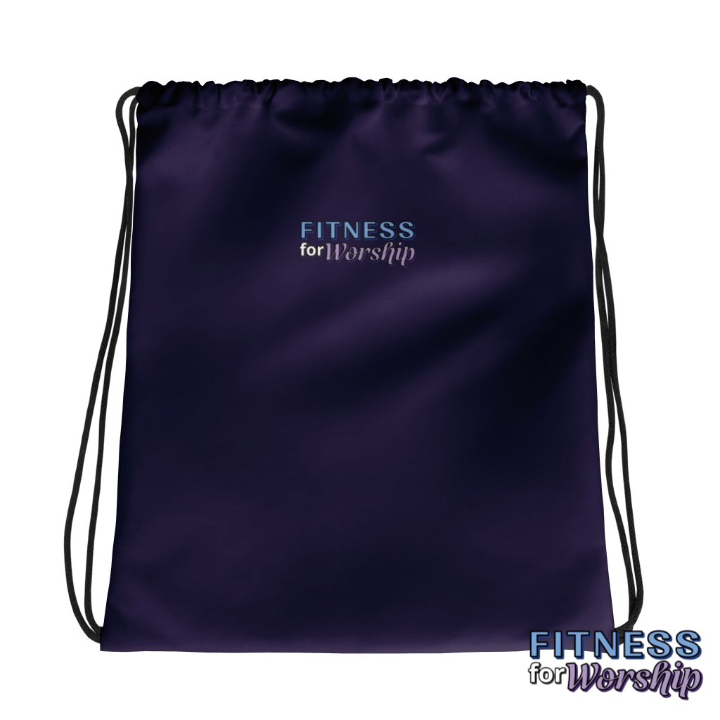 Back of “Prays Well With Others” Purple Drawstring Gym Bag by Fitness for Worship