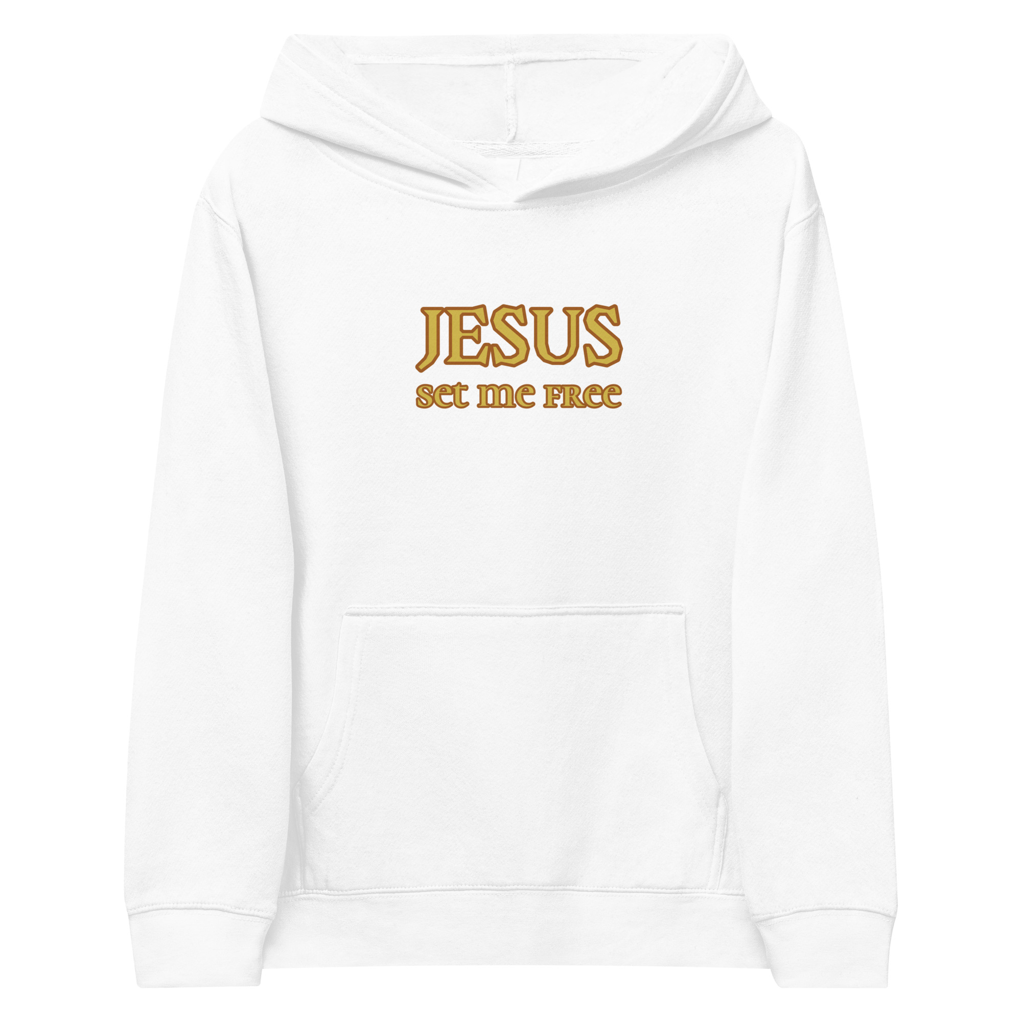 white “Jesus Set Me Free” Fleece Hoodie for Kids by Fitness for Worship
