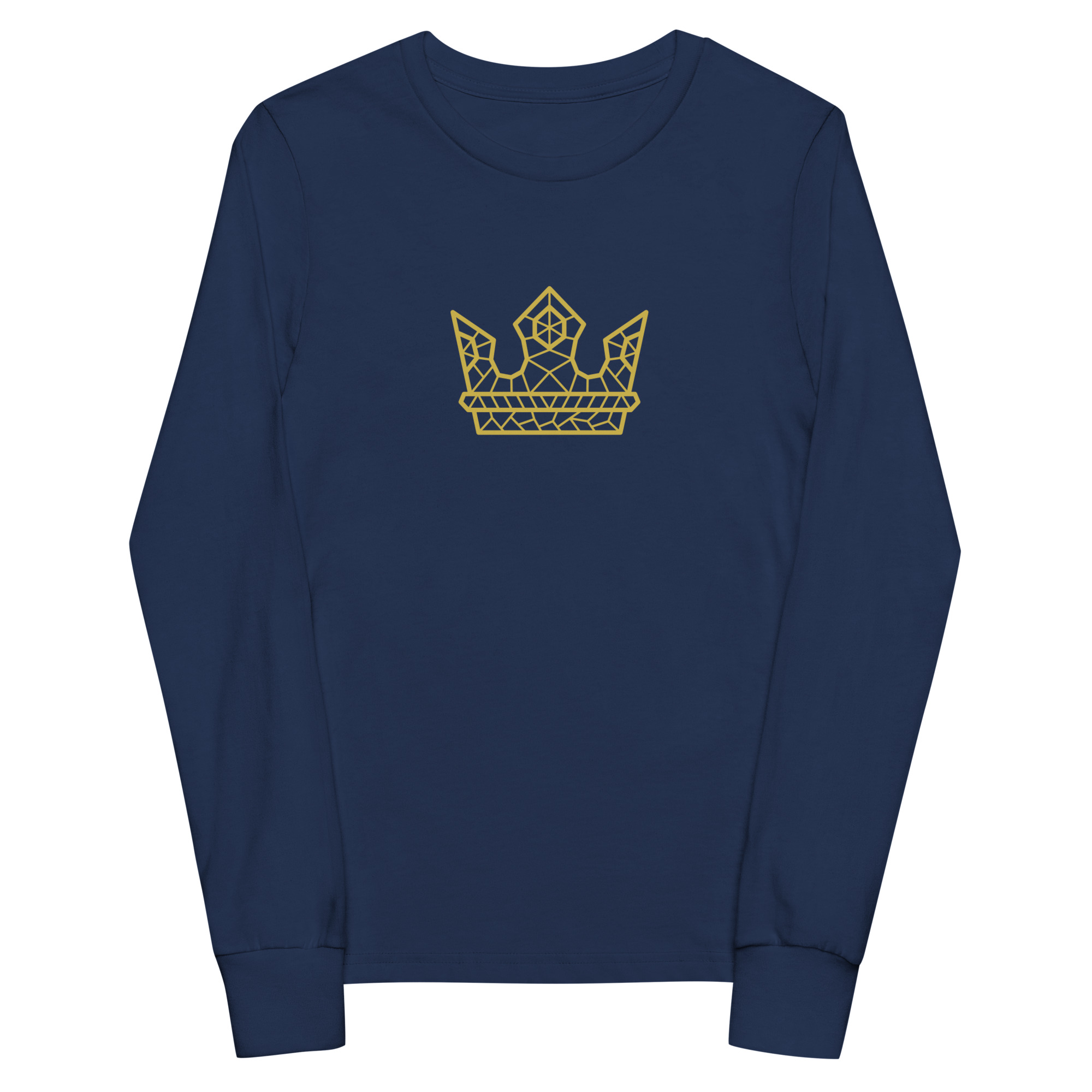 navy Gold Crown Long Sleeve Tee for Youth by Fitness for Worship