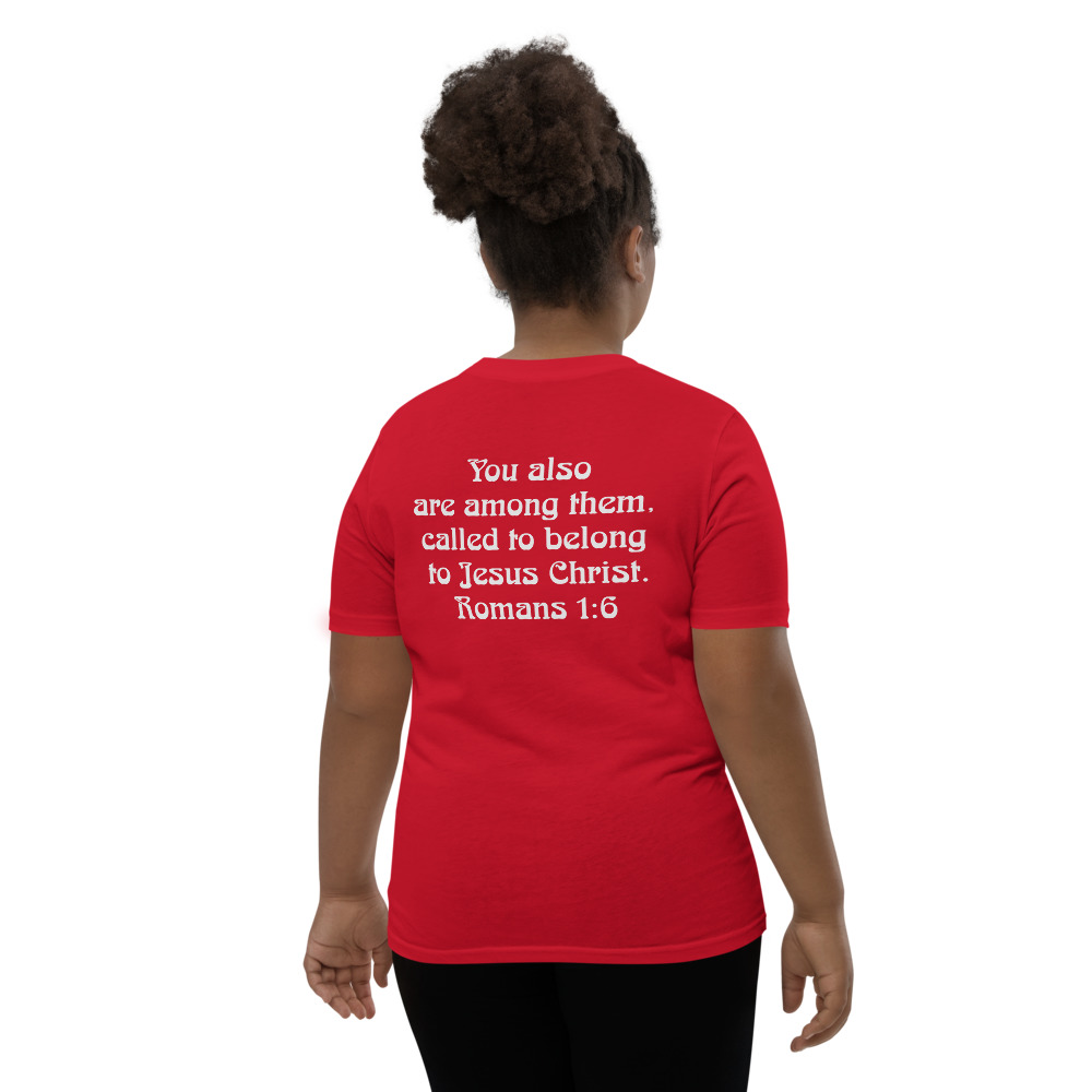 Youth Called T-Shirt in Red, back showing Romans 1:6 scripture
