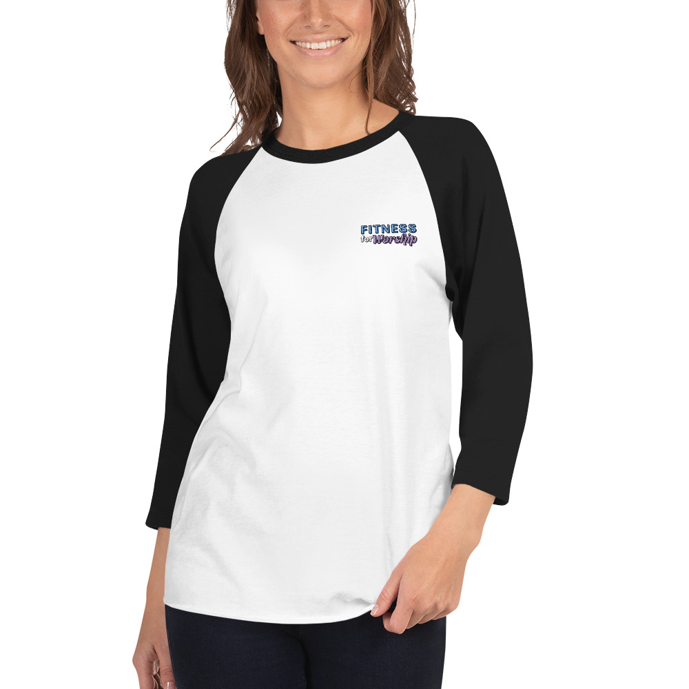 woman wearing Fitness for Worship 3/4 Sleeve Baseball Shirt by Fitness for Worship