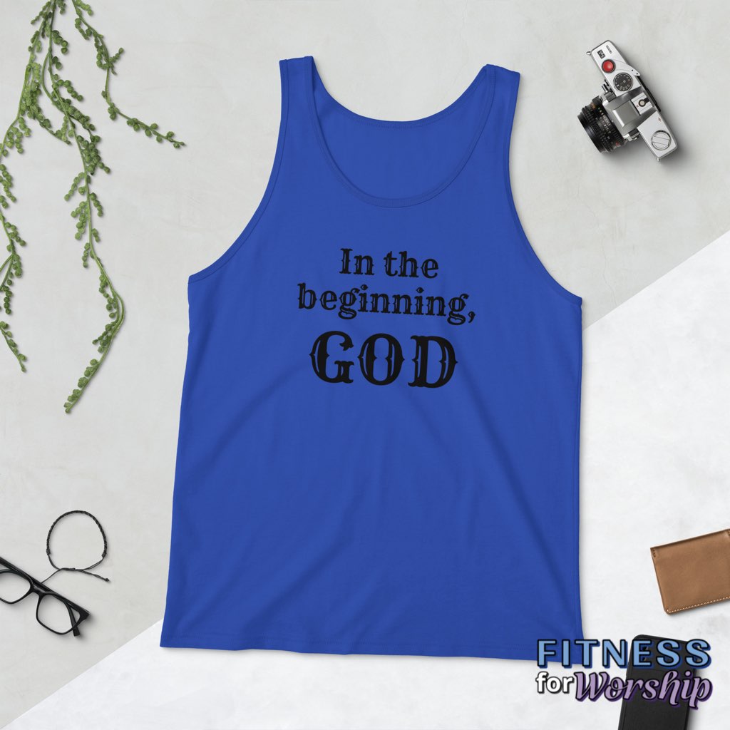 true royal “In the Beginning, God” Tank Top for Men by Fitness for Worship