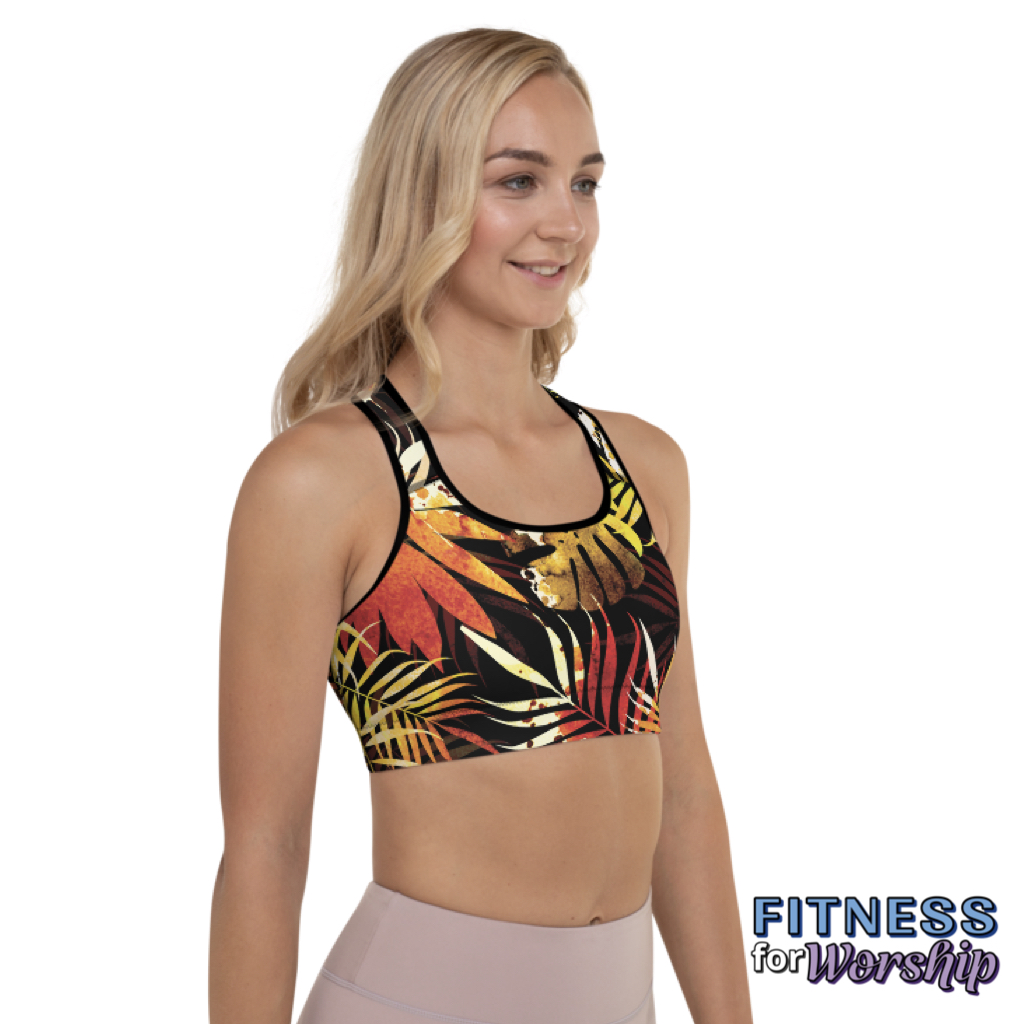 woman wearing Autumn Leaves Padded Sports Bra by Fitness for Worship