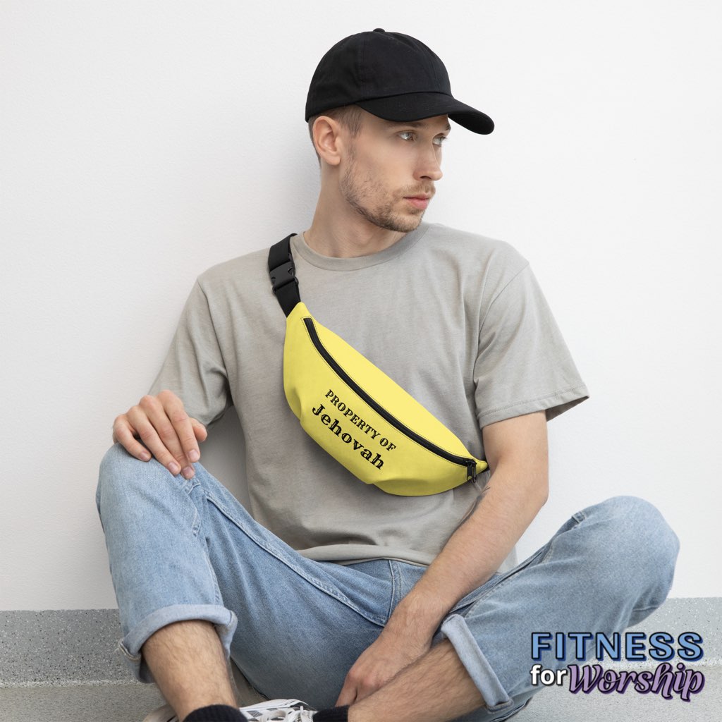 man wearing Property of Jehovah Waist Bag by Fitness for Worship