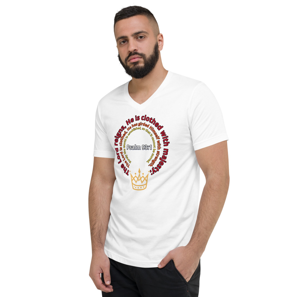 Psalm 93:1 unisex v-neck tee white (left)