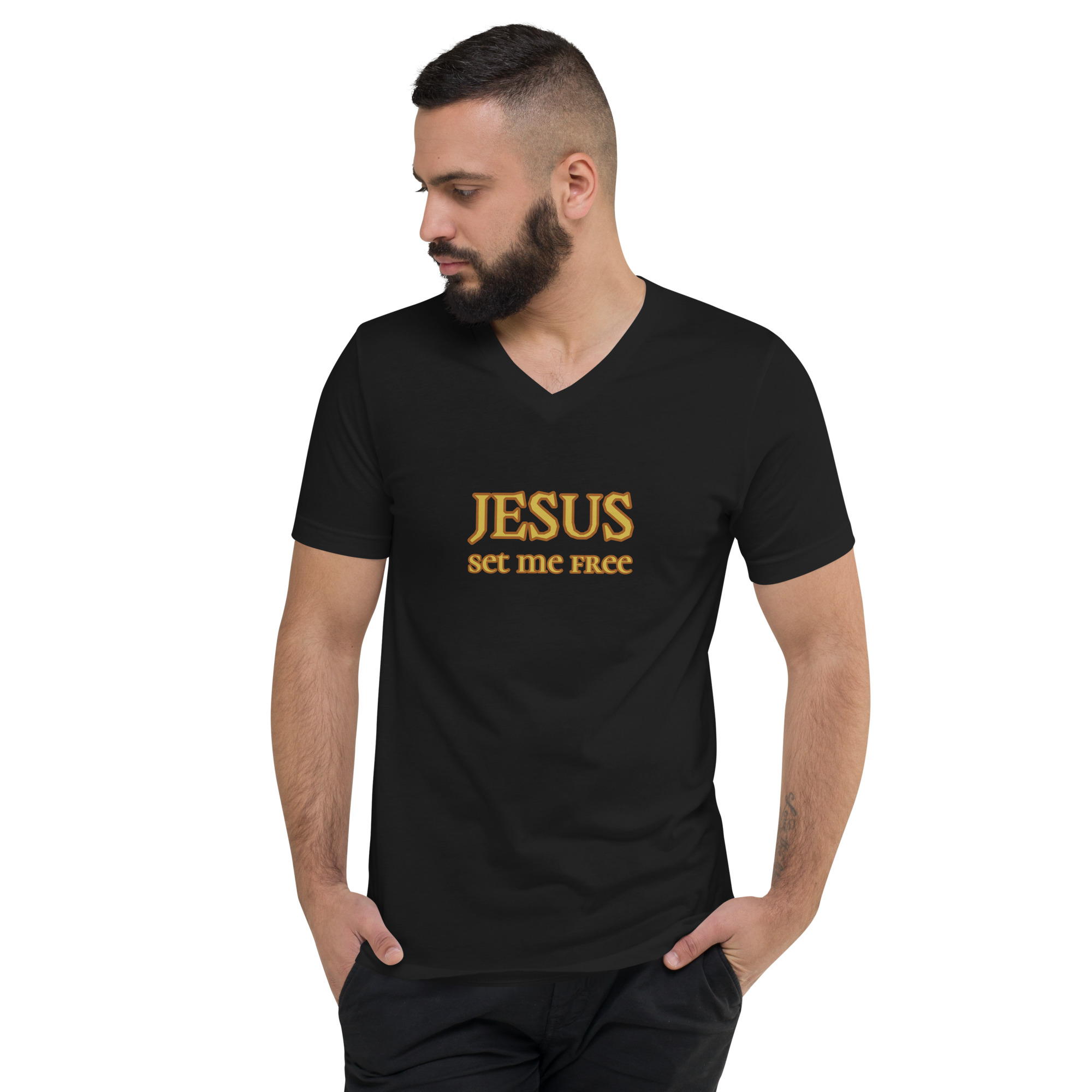 man wearing black “Jesus Set Me Free” Short Sleeve V-Neck T-Shirt