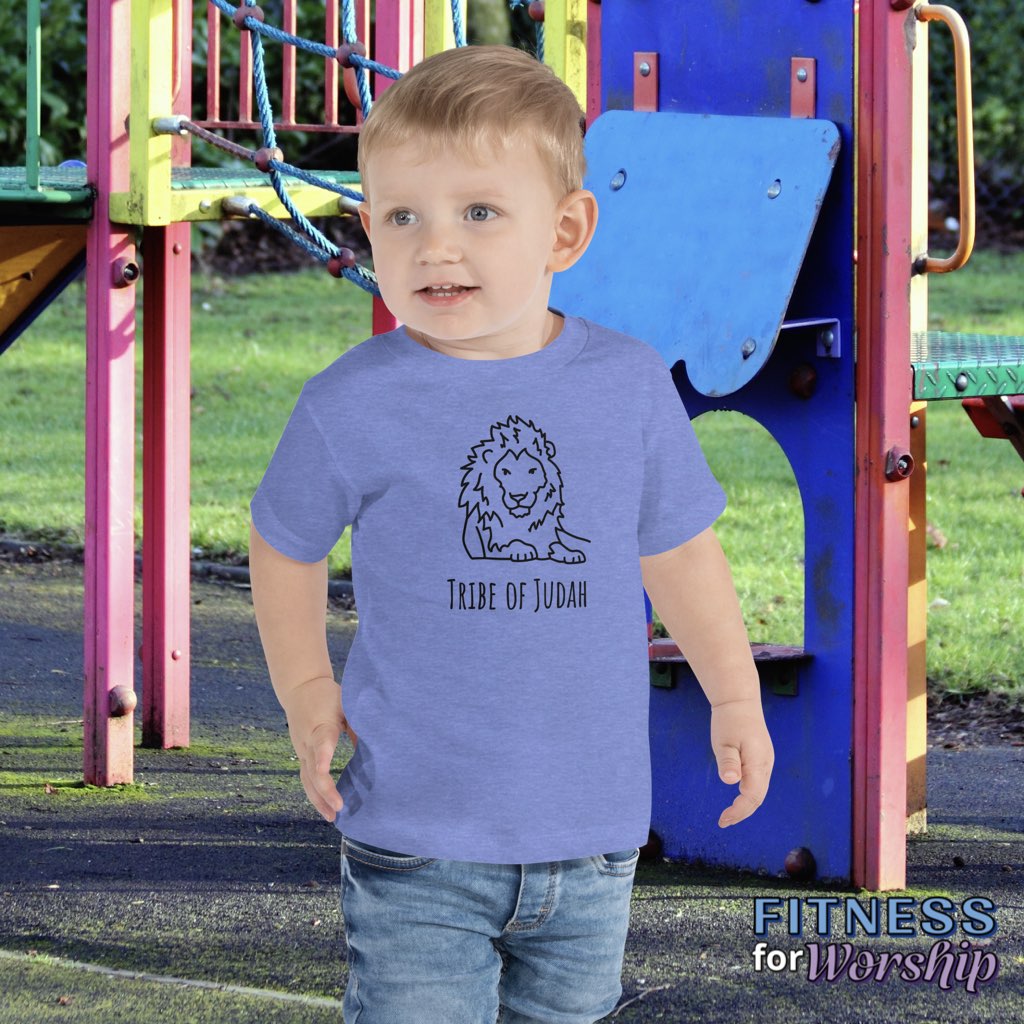 boy on a playgroung wearing blue Lion Tribe of Judah Short Sleeve T-Shirt for Toddlers by Fitness for Worship