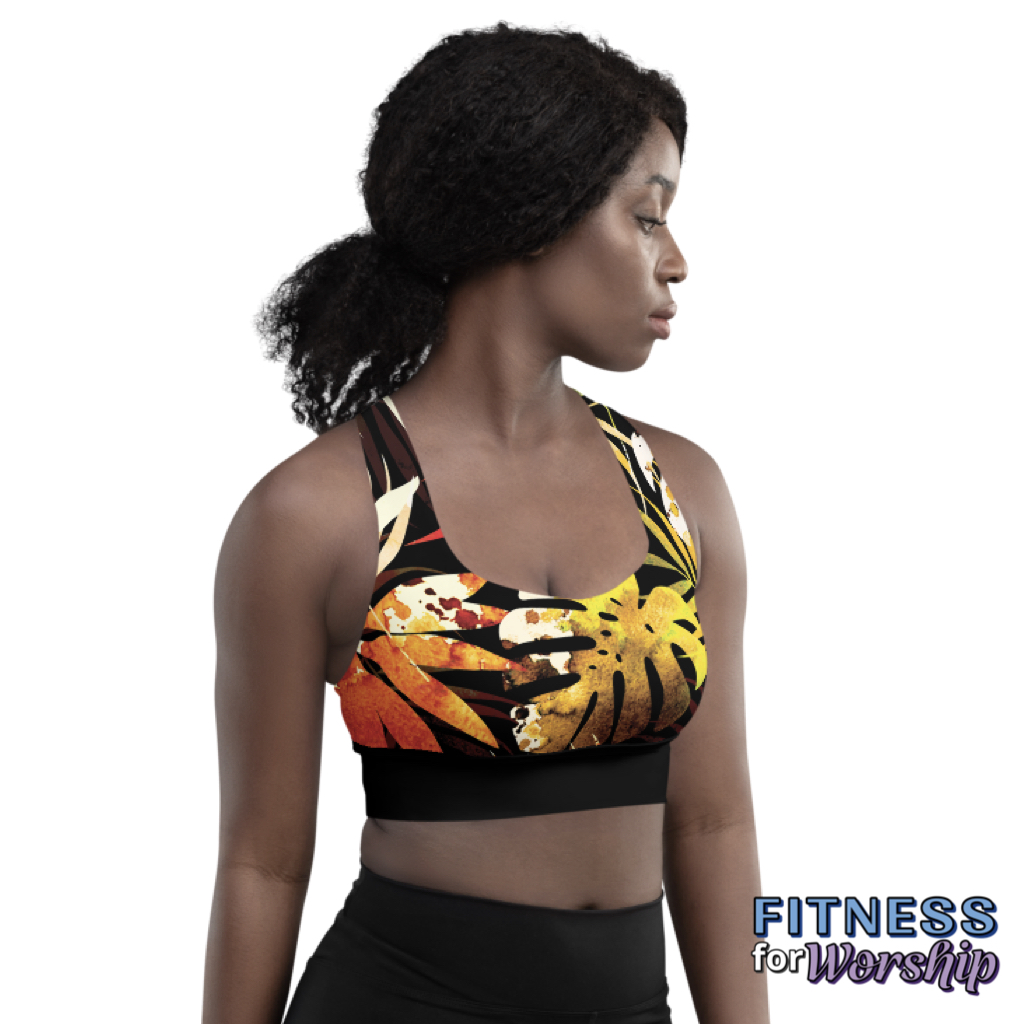 woman wearing Autumn Leaves Longline Sports Bra by Fitness for Worship