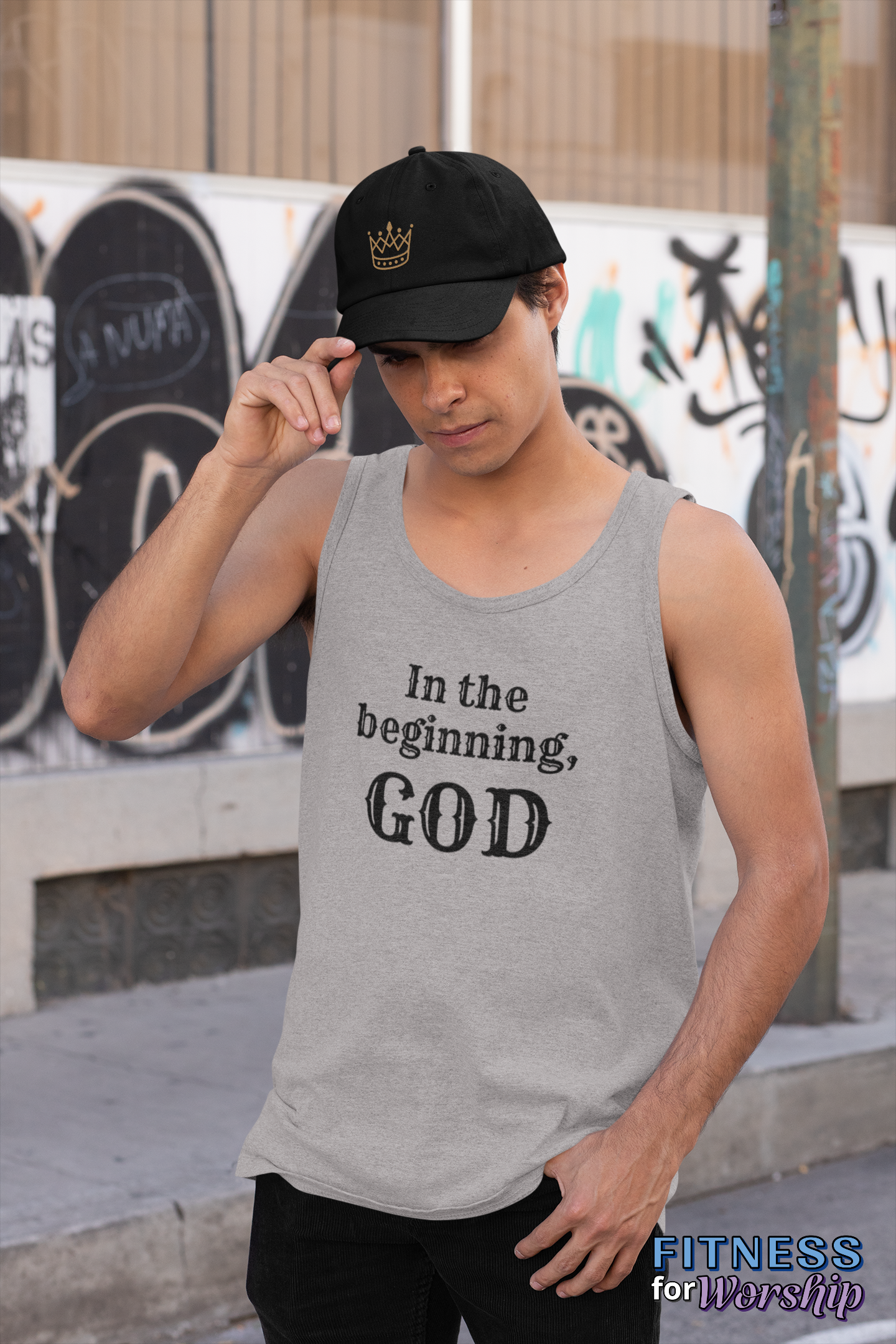 Man wearing athletic heather “In the Beginning, God” Tank Top for Men by Fitness for Worship