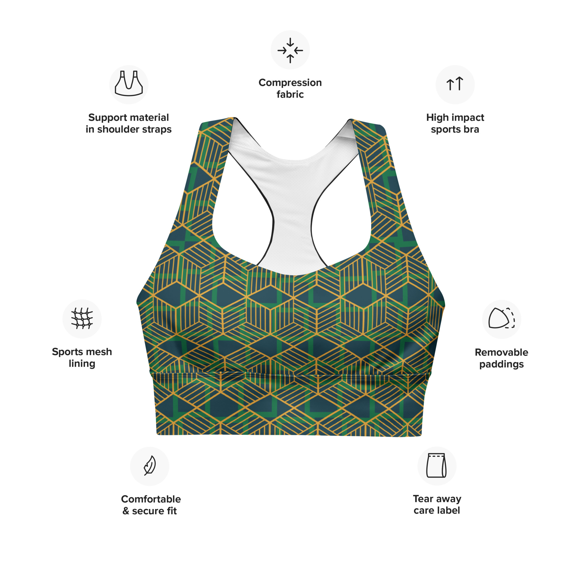 Green Geometric Pattern Longline Compression Sports Bra by Fitness for Worship