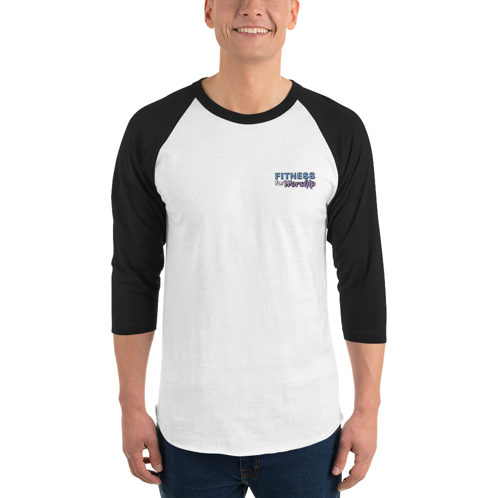 man wearing Fitness for Worship 3/4 Sleeve Baseball Shirt by Fitness for Worship