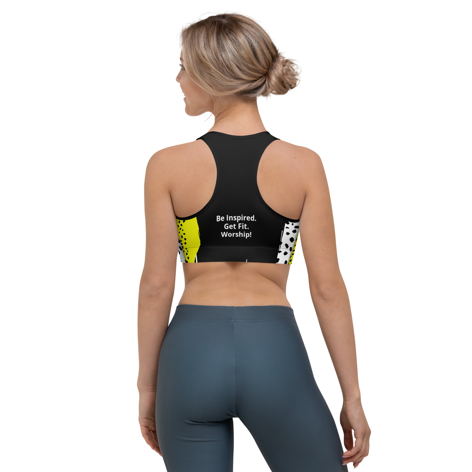 back of woman wearing Fitness for Worship Sports Bra (black/yellow/white)
