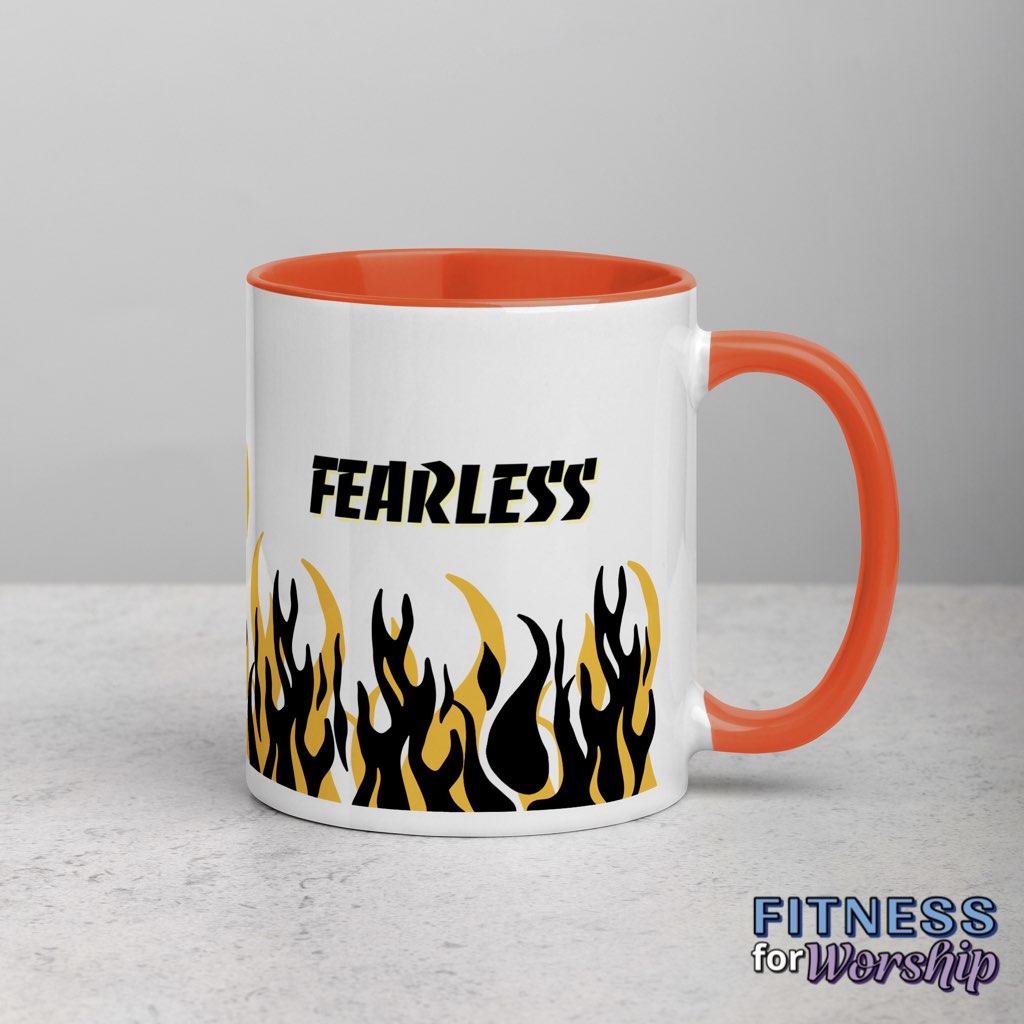 orange "Fearless" with Flames 11 oz Ceramic Mug by Fitness for Worship