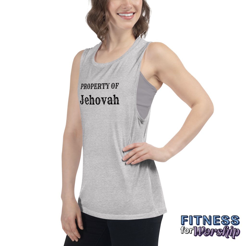 woman wearing athletic heather “Property of Jehovah” Muscle Tank for Women by Fitness for Worship
