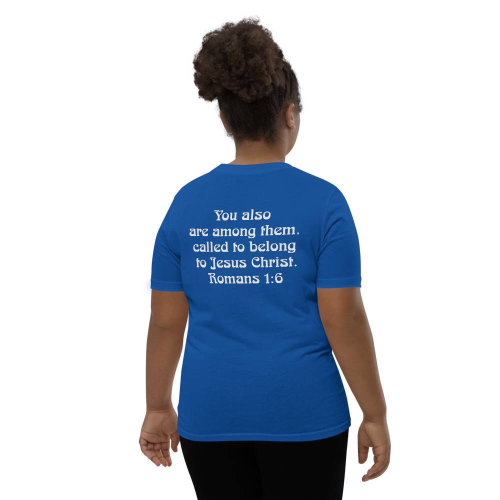 Youth Called T-Shirt in True Royal Blue, back showing Romans 1:6 scripture