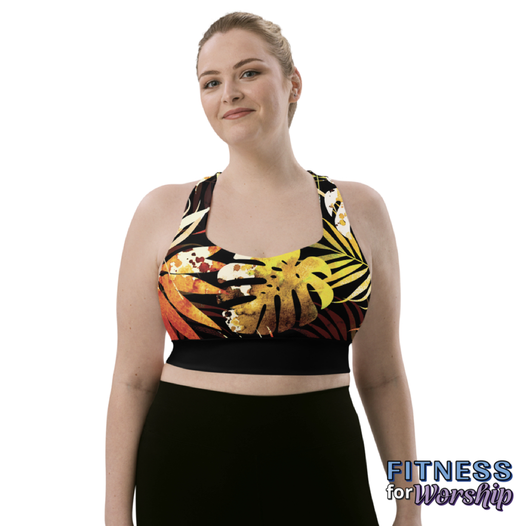 woman wearing Autumn Leaves Longline Sports Bra by Fitness for Worship