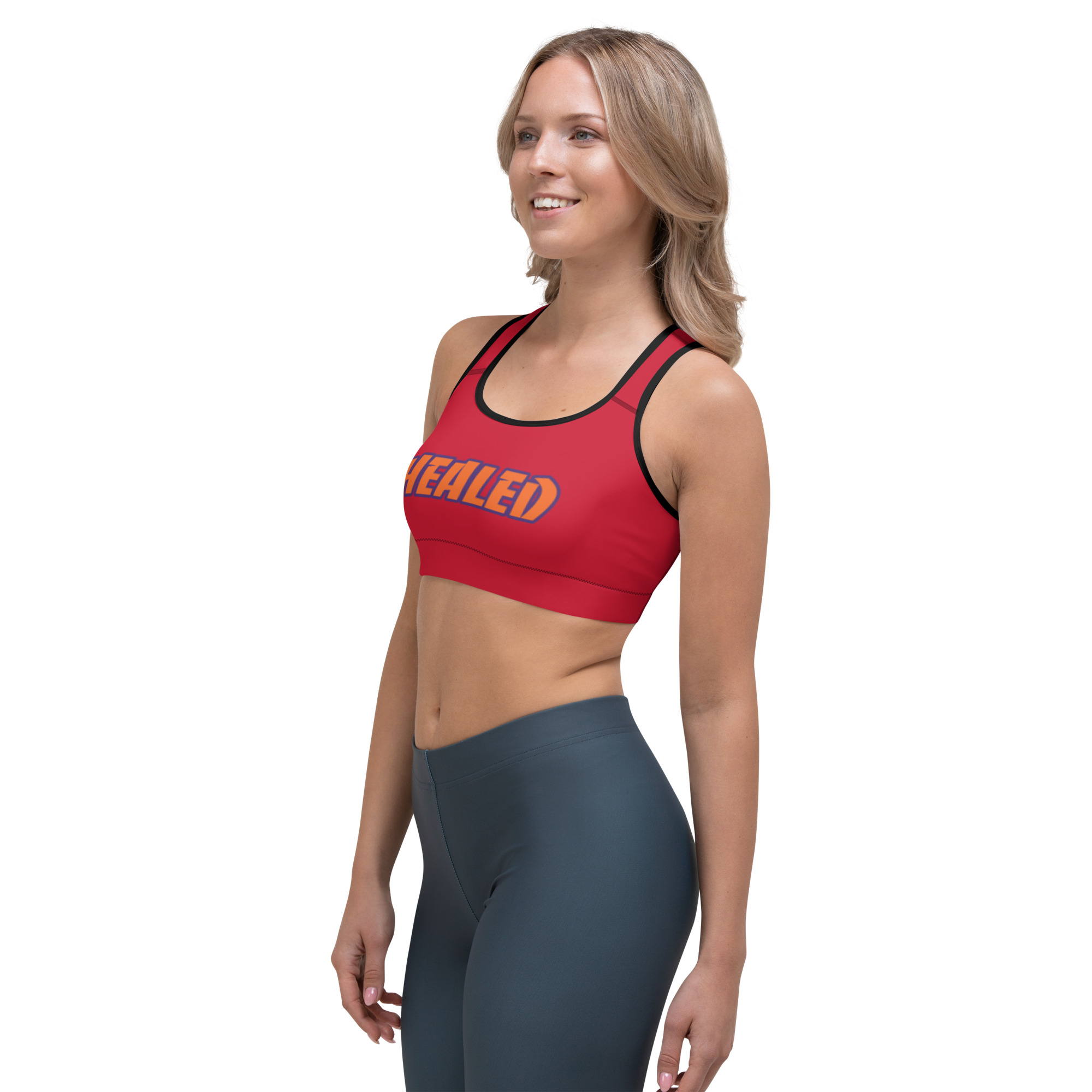 woman wearing HEALED Red Sports bra by Fitness for Worship