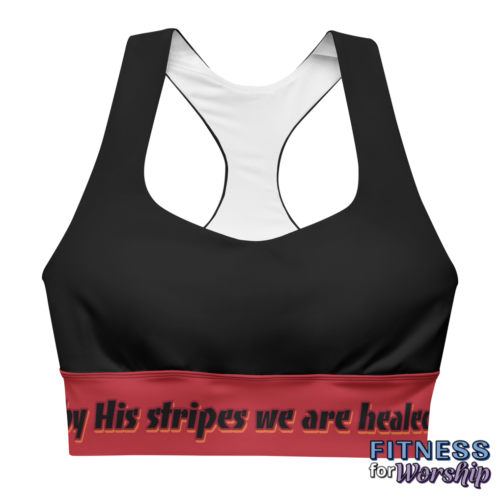 Healed By His Stripes Isaiah 53:5 Red Longline Sports Bra by Fitness for Worship