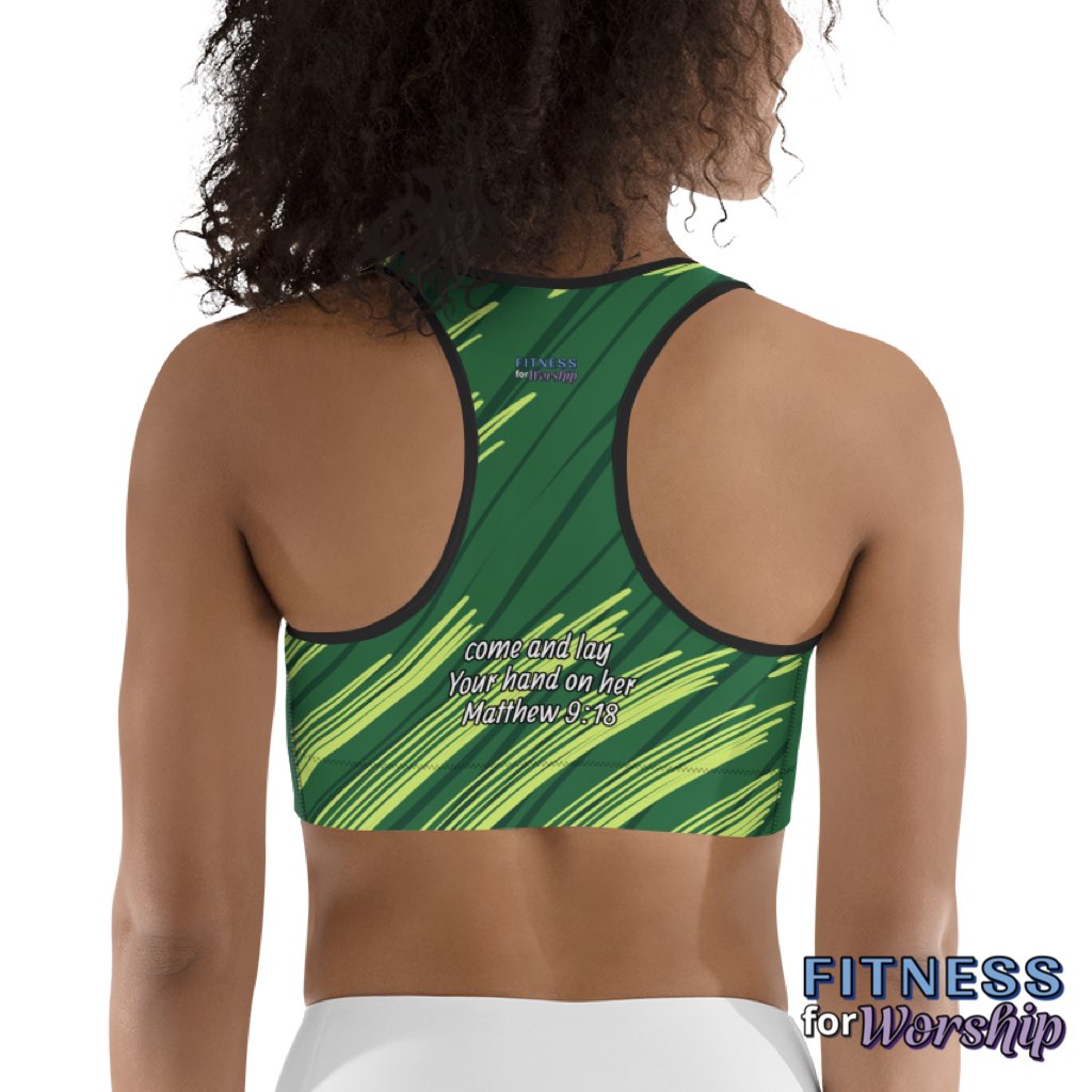 back of woman wearing “She Will Live” Matthew 9:18 Green Sports Bra by Fitness for Worship