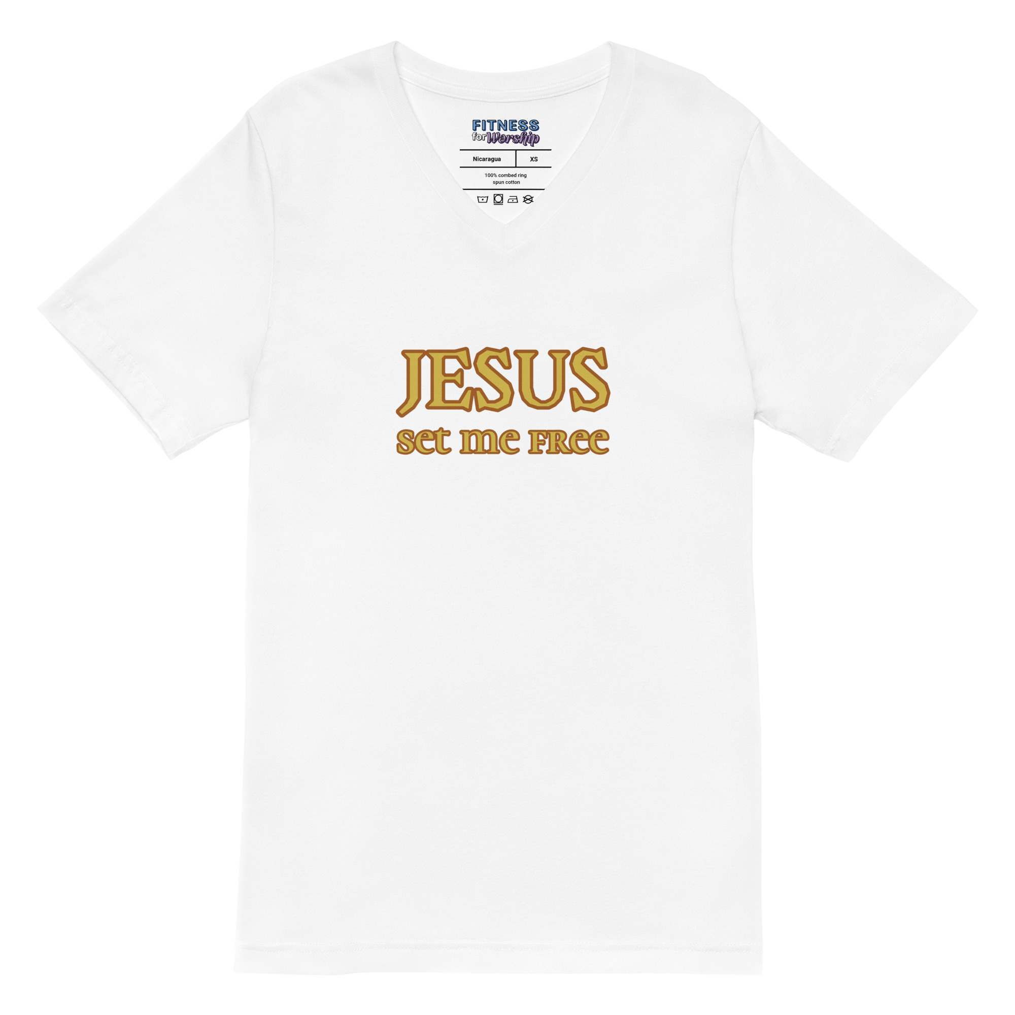 white “Jesus Set Me Free” Short Sleeve V-Neck T-Shirt