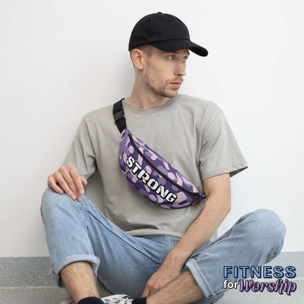 man wearing STRONG Purple Camo Waist Bag by Fitness for Worship