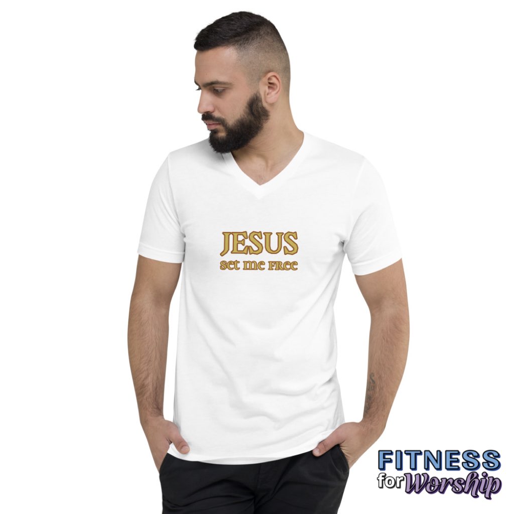 man wearing white “Jesus Set Me Free” Short Sleeve V-Neck T-Shirt by Fitness for Worship