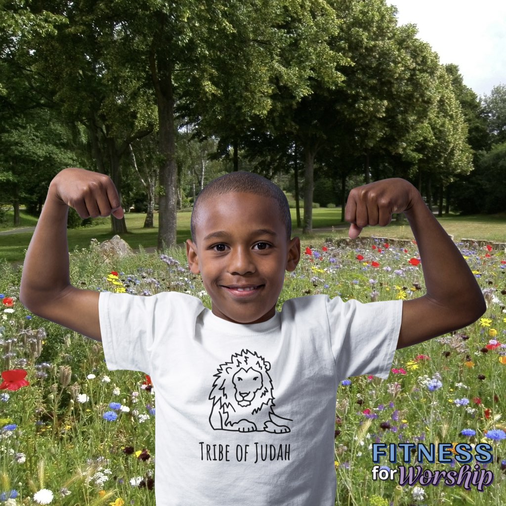 Boy outside wearing white Lion Tribe of Judah Short Sleeve T-Shirt for Toddlers by Fitness for Worship