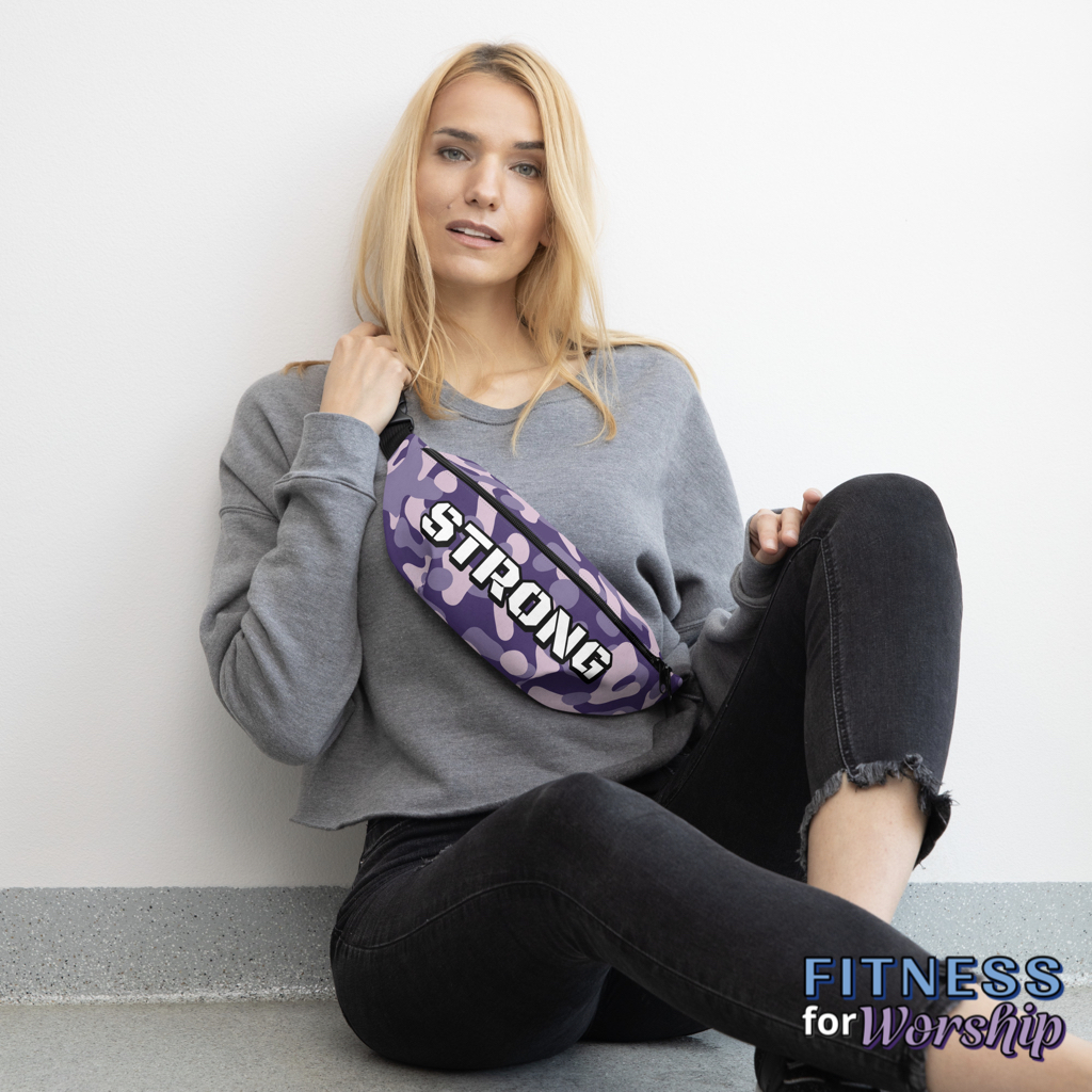 woman wearing STRONG Purple Camo Waist Bag by Fitness for Worship