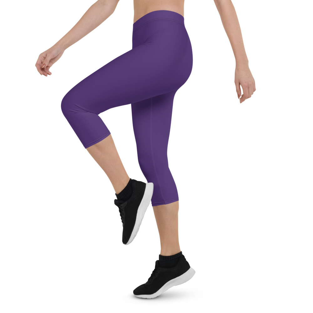 Woman's legs wearing Purple Capri Leggings for Women by Fitness for Worship
