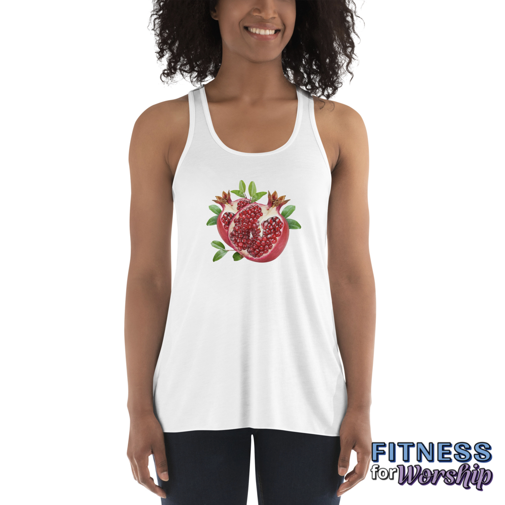 woman wearing white Pomegranate Flowy Racerback Tank for Women by Fitness for Worship