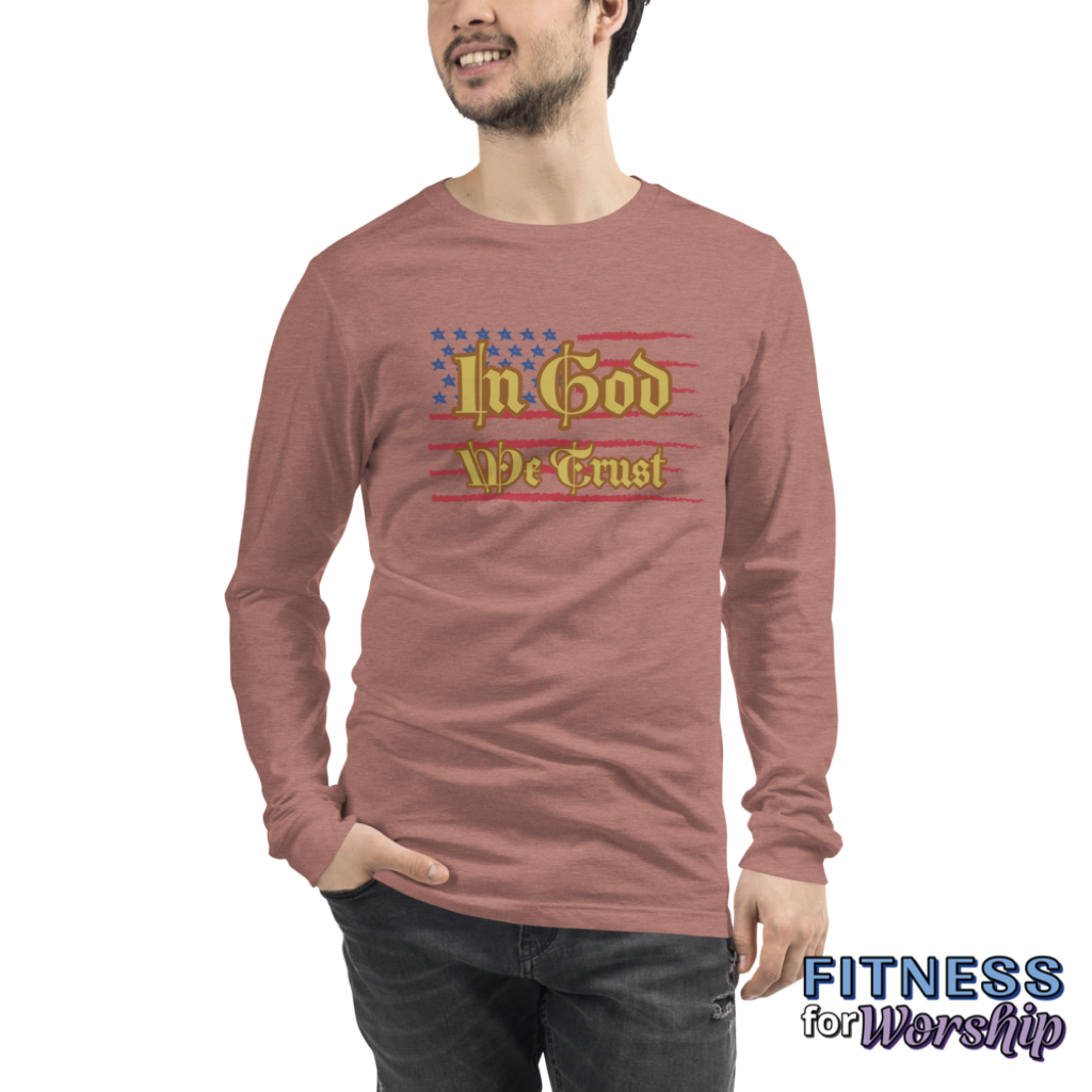 man wearing mauve In God We Trust Long Sleeve T-Shirt by Fitness for Worship
